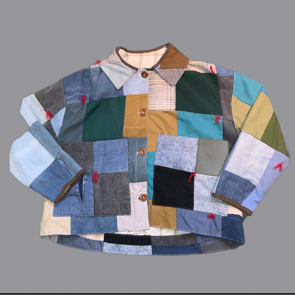 handmade quilt coat denim patchwork barn jacket chore coat vintage wooden button